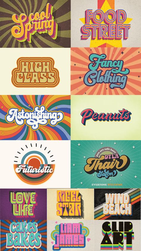 . Create unique and eye-catching logos for your business or brand with our vintage inspired Retro Business Logo, 1970s Logo Design, 70s Logos, 70s Logo Design, Funky Logo Design, 70s Graphic Design, Funky Typography, Funky Logo, Hippie Logo