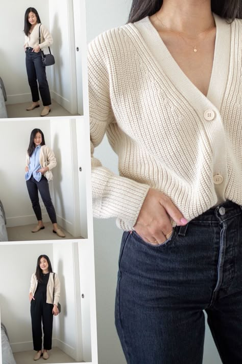 Over Sized Cardigan Outfit Winter, Shaker Cardigan Outfit, Cardigan Styles Woman, Bulky Cardigan Outfits, Short Knit Cardigan Outfit, Cream Short Cardigan Outfit, Outfits White Cardigan, H&m Cardigan Outfit, Outfits With A White Cardigan