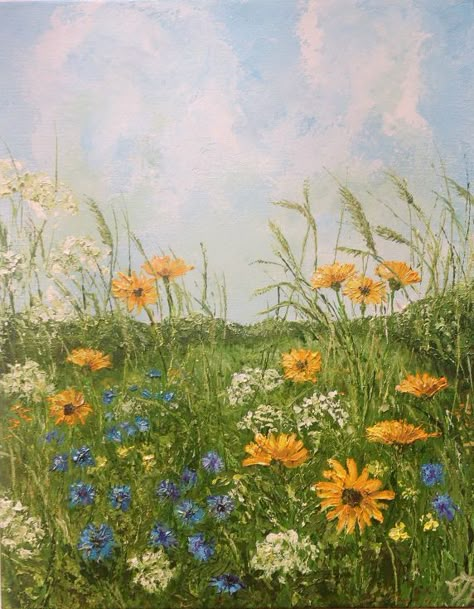 Grass Field Painting, Wild Flowers Painting, Flower Field Painting, Butterfly With Flowers, Butterfly With Flowers Tattoo, Flower Room Decor, Meadow Painting, Grass Painting, Wildflower Paintings