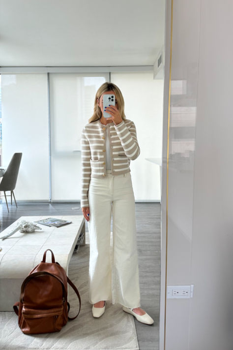 summer work outfit, neutral aesthetic, white denim, white jeans for summer, mary jane sandals, old money, fashion ootd daily style, nordstrom anniversary shoes, work bag, madewell, office outfit, nordstrom outfit, mango jeans White Flats Outfit, White Jeans Outfit Aesthetic, Jeans Shoes Outfit, Stripe Cardigan Outfit, Outfits With Mary Janes, Flats Outfit Work, Mary Jane Outfit, White Denim Outfit, Summer Work Outfit