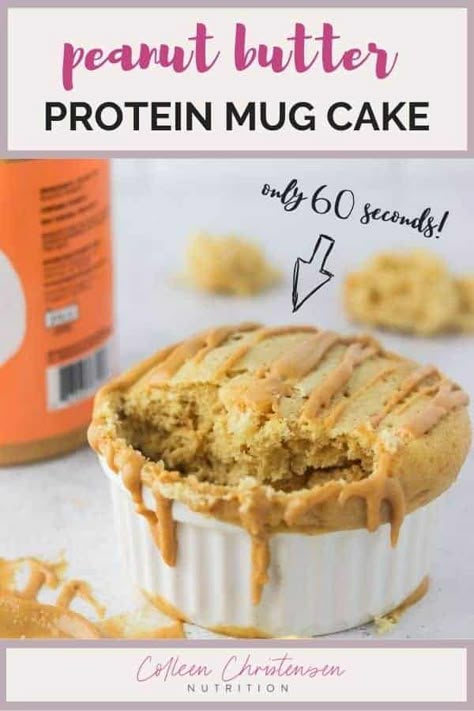 A delicious peanut butter cake packed with protein in just 60 seconds! This protein mug cake recipe is great for a snack between meals or post-workout! A protein mug cake is easy to make in the microwave, easy enough to make a protein cake in a mug any time of day whenever the craving strikes! This is a protein powder mug cake that uses either plant or whey protein powder. Protein powder recipes can be a fun way to get extra protein! #mugcake #proteinpowderrecipe #proteincake Spice Cake Mug Cake, Peanut Butter Powder Mug Cake, Whey Protein Mug Cake Recipe, Healthy Protein Mug Cake Microwave, Peanut Butter Protein Dessert, Protein Microwave Cake, Protein Powder Desserts For One, Protein Mug Cake With Banana, High Protein Mug Cake Microwave