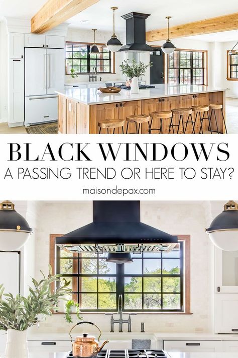 Learn more about black windows and other popular window trends to help you decide the best window options for your home's interior and exterior. AD #window #modernfarmhouse #windows Black Modern Windows Exterior, Black Exterior White Interior Windows, Best Windows For House, Dark Exterior White Windows, Black Or White Windows, White Farmhouse Black Windows, Black Window Interior, Window Styles For Homes, Black Window Frames Interior