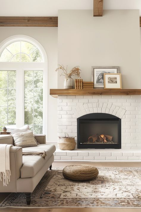 15 Captivating White Brick Fireplace Ideas to Transform Your Home – Everyday Inspo Fireplace On White Wall, French Brick Fireplace, White Brick Fireplace Green Walls, White Brick Gas Fireplace, Gas Fireplace Modern Farmhouse, Cottage Core Fireplace Ideas, Indoor Rock Fireplace, Renovate Brick Fireplace, Living With Fireplace Ideas