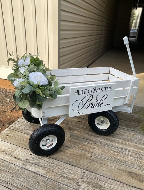 Dog In Wagon For Wedding, Radio Flyer Wedding Wagon Ideas, Wagon Ring Bearer, How To Decorate A Wagon For A Wedding, Flower Girl Wagons, Wedding Wagon Ideas, Wagons For Weddings, Baby Wagon Wedding, White Wagon For Wedding