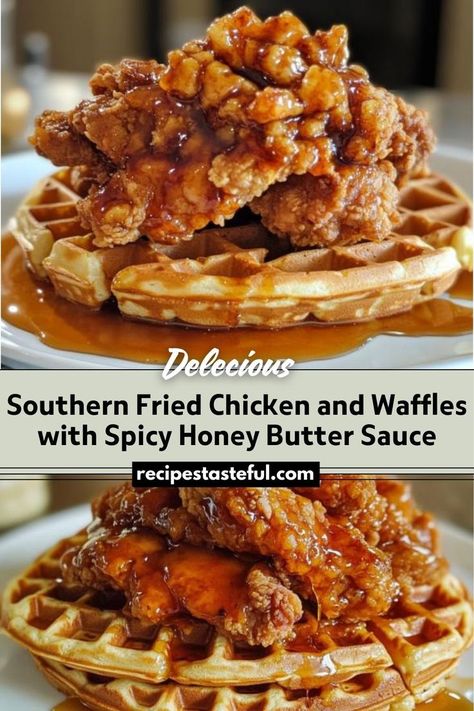 This Southern Fried Chicken and Waffles recipe combines crispy, savory fried chicken with fluffy waffles, all topped with a rich and spicy honey butter sauce. It's a comforting and indulgent meal perfect for brunch or a hearty breakfast. Fried Chicken And Waffles Recipe, Spicy Honey Butter, Chicken Waffles Recipe, Chicken And Waffles Recipe, Honey Butter Sauce, Savory Waffle Recipe, Chicken N Waffles, Fried Chicken Dinner, Fried Chicken And Waffles