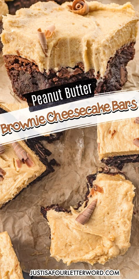 Peanut Butter Cheesecake Brownie bars are made from scratch with a brownie bottom and a whipped cream cheese, peanut butter topping. Peanut Butter Cool Whip Brownies, Brownie Peanut Butter Cheesecake, Brownie Cream Cheese Bars, Peanut Butter Cheesecake Brownie Bars, Peanut Butter And Brownie Dessert, Brownie Bottom Cheesecake Bars, Peanut Butter Cream Cheese Bars, Peanut Butter Cream Cheese Desserts, Peanut Butter Crunch Brownies