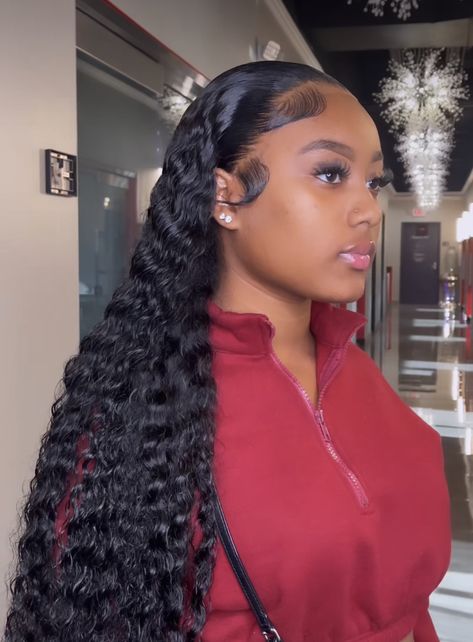 Wet Look Frontal Wig, Slick Back Wet Look Curly Wig, Wet Look Lace Front Wig, Slick Back Deep Wave Wig, Slick Back Frontal Wig, Slick Back Wet Hair Look Curly, Frontal Deep Wave Hairstyles, Wavy Sew In Weave, Wet Look Wig