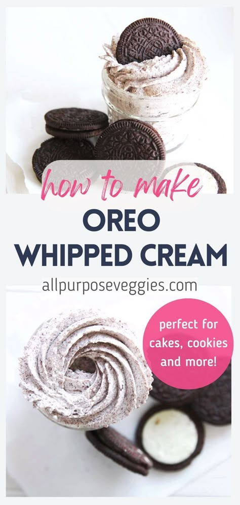 This super fun and easy Oreo Whipped Cream is a party favorite, and actually a time machine in disguise :) Featuring a creamy blend of crushed Oreos, heavy cream, and a touch of vanilla, it's a decadent topping that will bring back all the sweet nostalgia of childhood treats. Just perfect for frosting your desserts, from cakes to cupcakes to give that delicious cookie and cream flavor #whippedcream #chantillycream #frosting #oreo #oreofrosting #cookiesandcream Whipped Cream Icing For Cupcakes, Oreo Frosting Recipe Easy, Whipped Cream Cupcake Frosting, Oreo Frosting Whipped, Cookies And Cream Whipped Frosting, Oreo Filling Frosting, Cookies And Cream Whipped Cream, Oreo Cream Frosting, Easy Oreo Frosting