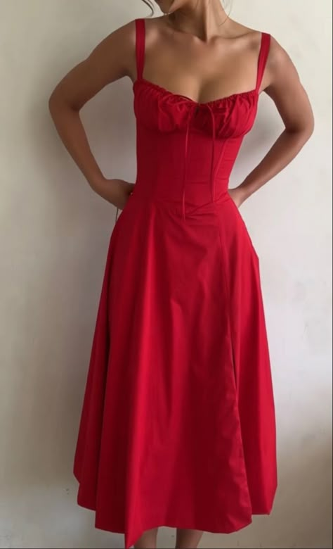 Gormal Dresses, Red French Dress, Red Long Flowy Dress, Coquet Aesthetic Outfits, Red Sundress Aesthetic, Midi Sundress Outfit, Red Dress Aesthetic Casual, Red Summer Dress Aesthetic, Sundress Aesthetic Vintage