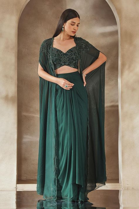 Buy Seema Thukral Emerald Green Blouse Embroidered Cape Skirt Set Online | Aza Fashions Indian Outfits Modern, Emerald Green Blouse, Embroidered Cape, Function Dresses, Trendy Outfits Indian, Mehendi Outfits, Lehenga Designs Simple, Fancy Sarees Party Wear, Draping Fashion