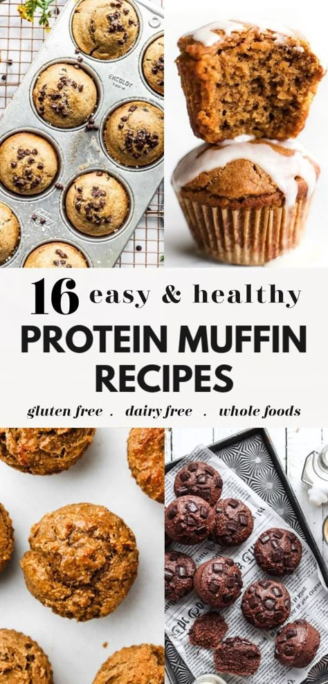 Looking for muffin recipes? Try these 16 protein muffins that are healthy and pack a protein punch! There are so many flavours and varieties including banana, chocolate, blueberry, pumpkin, chocolate chip and more! There are vegan, gluten free, low carb, and paleo options, and they are great for kids and adults alike! Healthy Protein Muffins, Gluten Free Protein Muffins, Gluten Free Dairy Free Muffins, Blueberry Pumpkin, High Protein Muffins, Protein Muffin Recipes, Law Carb, Chocolate Blueberry, Protein Baking