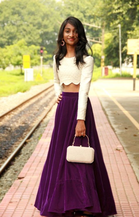 Birthday outfit Custom stitched for dearest HariniWhite Crop TopFull sleeves with minimal puffPurple SkirtFull length circular skirt with can can ❤️ Skirt And Top Latest Designs, Crop Top Lehenga Purple, Full Sleeve Crop Top Lehenga, Chikankari Crop Top Lehenga, Birthday Outfit Ideas Traditional, Crop Top Skirt Design For Wedding, White Crop Top For Skirt, Skirt Nd Blouse Designs, Blouse Designs For Long Skirt