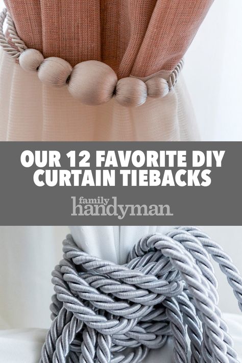 Outdoor Curtain Tie Backs Diy, Making Curtain Tie Backs, Creative Curtain Tie Backs, Farmhouse Curtain Tie Back Ideas, Sheer Curtain Tie Back Ideas, Diy Tiebacks For Curtains, Rope Curtain Tie Back Diy, Curtain Tie Back Ideas Diy, Drapery Tie Back Ideas