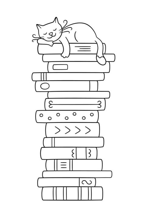 Bookworm Drawing Art, Book Themed Coloring Pages, How To Draw Books Easy, Book Clip Art Black And White, Free Book Printables, Library Colouring Pages, Drawing For Bookmark, Reading Journal Doodles, Cat On Books Drawing