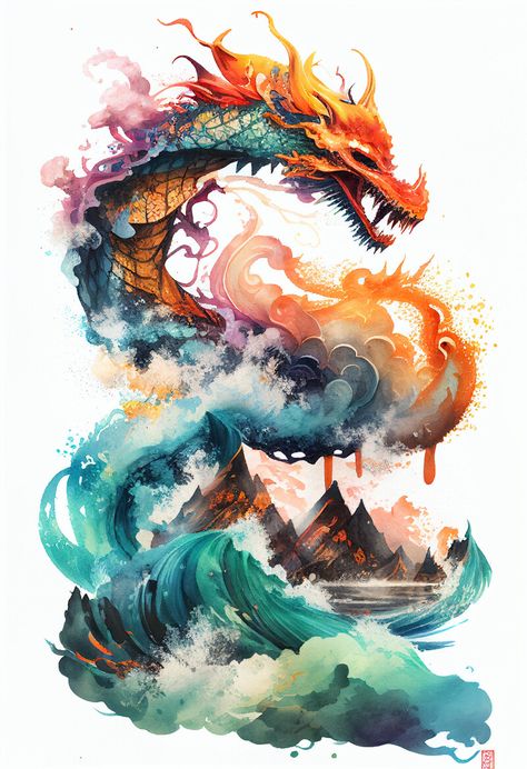 ArtStation - The Water Dragon, kimlong lehoang Dragon Watercolor, Chinese Water Dragon, Dragon Chino, Watercolour Ideas, Water Dragon, Japanese Tattoo Art, Watercolor Mountains, Tag Holder, Dragon Artwork