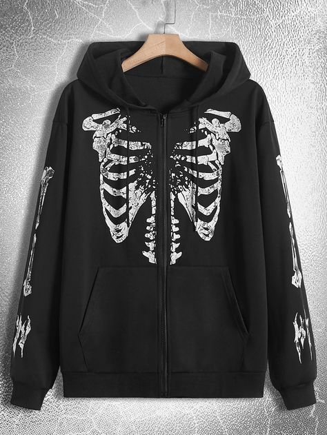 ROMWE Goth Guys Skeleton Print Zip Up Drawstring Hoodie | SHEIN USA Skeleton Jacket, Sweat Noir, Graphic Jackets, Skeleton Hoodie, Goth Guys, Men Hoodies, Sweet Shirt, Skeleton Print, Cute Jackets