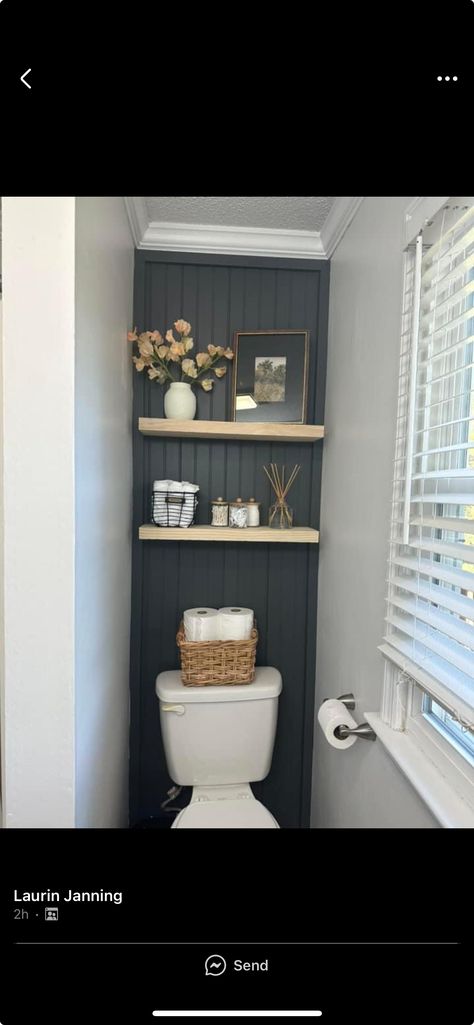 Shelving Behind Toilet, Behind The Toilet Shelves, Shelves Behind Toilet, Behind Toilet, Above Toilet, Toilet Shelves, Bath Shelf, Basement Bathroom, Bathroom Renovation