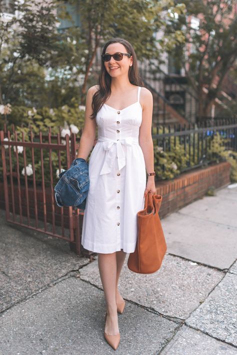 White Denim Jacket Outfit, Button Dress Outfit, Carly The Prepster, Black Dress Outfit Casual, White Dress Outfit, Fashion Preppy, Denim Jacket Outfit, Preppy Dresses, Black Dress Outfits