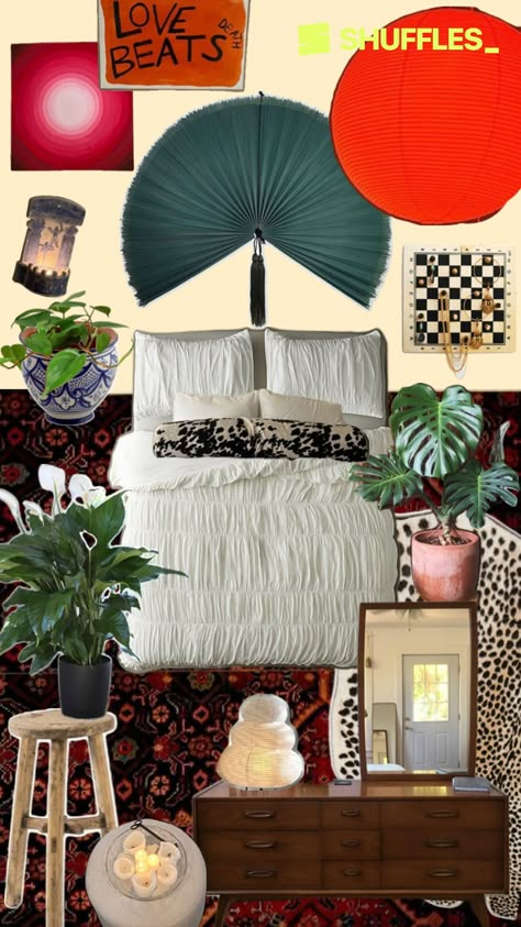 Mid century modern inspired dark moody eclectic boho checkered plants paper lantern white bedding aesthetic collage bedroom inspiration Dark Moody Eclectic, Bedroom Inspo Dark, White Bedding Aesthetic, Moody Eclectic Bedroom, Moody Eclectic, Boho Bedroom Aesthetic, Eclectic Mid Century Modern, Modern Eclectic Bedroom, Dark Boho Bedroom