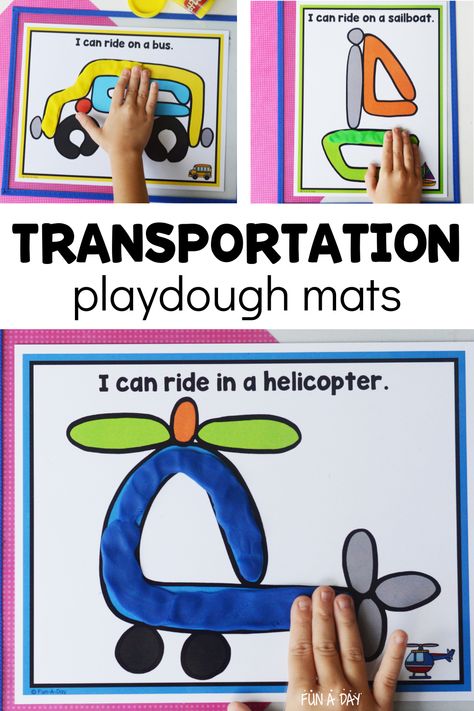 These transportation playdough mats are perfect for your preschool, pre-k, or kindergarten students any time of the year. They'd be great as part of a transportation theme or when learning about specific vehicles. Click on the Fun-A-Day.com link for your own copy of the play dough transportation mats. Transportation Theme For Kindergarten, Transport Kindergarten Activities, Transportation Science Activities Preschool, Transportation Day Preschool, Transportation Block Center Preschool, Planes Preschool Activities, Transportation Theme Preschool Art Craft Ideas, Transportation Preschool Centers, Science Transportation Activities