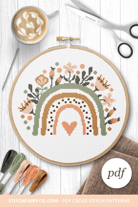 Boho Flower Rainbow Cross Stitch Pattern, Instant Download PDF, Counted Cross Stitch, Embroidery Pattern, PDF Pattern Rainbow Cross Stitch, Flower Rainbow, Dmc Cross Stitch, Floral Cross Stitch Pattern, Baby Cross Stitch Patterns, Small Cross Stitch, Cross Stitch Finishing, Cute Cross Stitch, Cross Stitch Alphabet