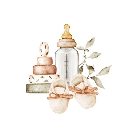 Download this Premium Photo about Watercolor baby bottle pyramid booties and green leaves Clipart for baby shower posters postcards, and discover more than 60 Million Professional Stock Photos on Freepik Boho Drawings, Baby Animal Nursery Art, Baby Watercolor, Leaves Clipart, Baby Olivia, Baby Boy Cards, Leaf Clipart, Baby Stickers, Baby Shower Stickers