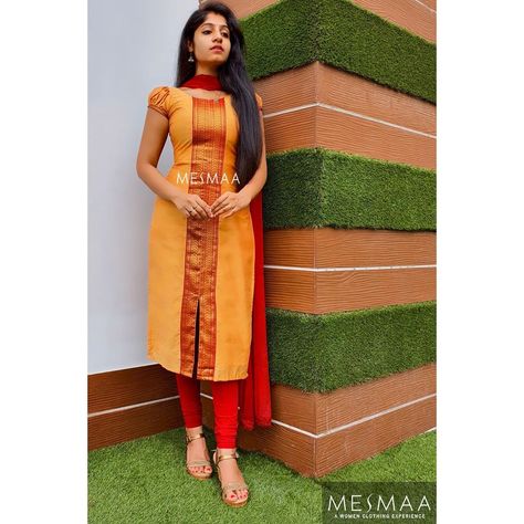 @mesmaa.signatureapparel: “LOOK 3 of this new series ‘Jaree’ that brings the beauty of the silk thread works when added to any…” Kurta Designs From Old Sarees, Half Pattu Kurti Designs, Pattu Saree Neck Designs, Chudidhar From Old Silk Saree, Pattu Kurti Designs For Women, Silk Chudidar Designs For Stitching, Pattu Chudithar Designs, Saree Stiched Kurti, Cotton Chudidar Design