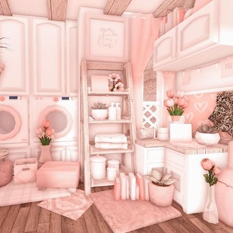 Bloxburg Laundry Room Ideas, Blush Living Room, Pink Laundry Rooms, Preppy House, Blocksburg Room Ideas￼, Houses Bloxburg, Cute Living Room, House Decorating Ideas Apartments, Simple Bedroom Design