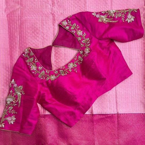 Dm@9640490158 Designer maggam work blouse Fabric: Halfpattu/Rawsilk Dispatch: 3days Price : 2300unstiched . 2850stitched Colours and sizes can be customised accordingly Pink Blouse Work, Pink Blouse Design, Zardosi Blouse, Embroidery Blouse Saree, Hand Embroidery Blouse, Pink Saree Blouse, Ready Made Blouse, Pink Blouse Designs, Maggam Blouse