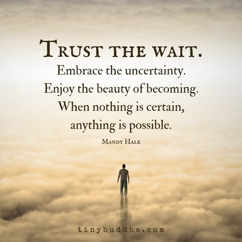 "Trust the wait. Embrace the uncertainty. Enjoy the beauty of becoming. When nothing is certain, anything is possible." ~Mandy Hale Uncertainty Quotes, Wise Quotes, Great Quotes, Spiritual Quotes, Inspiring Quotes, Wisdom Quotes, A Quote, Profile Pictures, Mantra