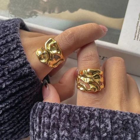 24k Gold Plated Chunky Rings, Cool Rings for Women, Boho Ring Gift for Friend, Statement Ring, Adjustable Ring, Stackable Ring Gift for Her - Etsy Canada Chunky Gold Jewelry, Delicate Stacking Rings, Cool Rings, Vintage Gold Rings, Ring Inspo, Bold Rings, Hammered Band, Gold Statement Ring, Zircon Jewelry