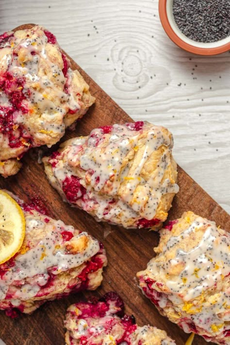 Vegan Lemon Raspberry Scones - Two Market Girls Lemon Raspberry Scones, Scones Vegan, Raspberry Scones, Scone Recipes, Vegan Scones, Fruit Scones, Sweet Glaze, Lemon Scones, Sally's Baking