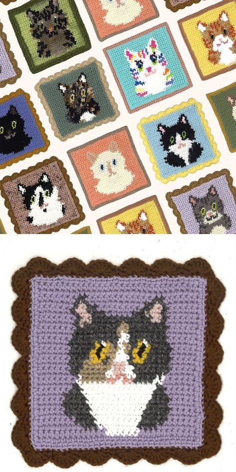 Beautiful Tapestry Crochet Squares – 1001 Patterns Paw Crochet, Crochet Quilt Pattern, Wraps And Shawls, Crochet Cat Pattern, Gifts Crochet, Tiny Kitten, Pixel Crochet, Tapestry Crochet Patterns, Crochet Quilt