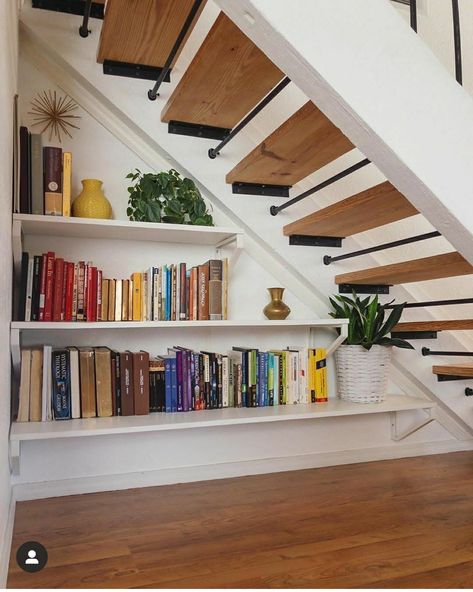 Basement Bookcase, Staircase Library, Shelves Under Stairs, Staircase Bookshelf, Stair Bookshelf, Under Stairs Nook, Stair Nook, Stair Shelves, Open Stairs