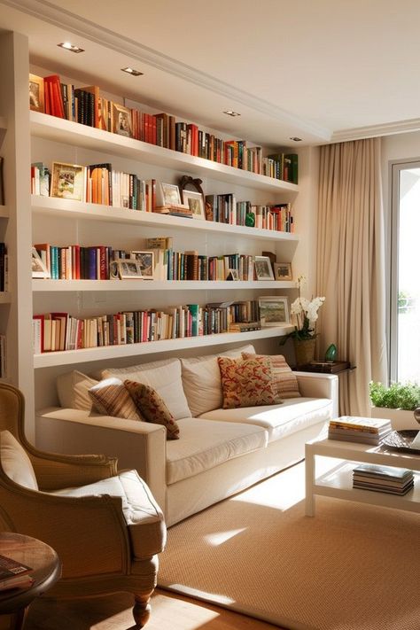 Transform Your Walls: Shelving Unit Ideas for Efficient Home Libraries - Quiet Minimal Home Office Window Wall, Elegant Home Library, Home Library Minimalist, Living Room With Library Wall, Full Wall Bookshelves, Simple Home Library, Home Book Shelves, Living Room With Library, Office Library Design