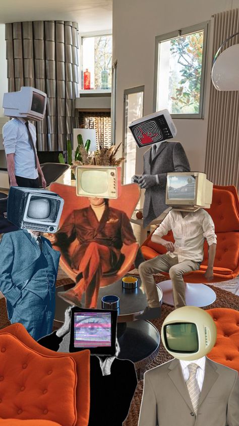 Tv Head #artcollage #artistic #artinspo #aestheticwallpaper #tv #tvgirl #tvgirlband #tvshow #surrealism #surrealart Old Tv Art Installation, Tv Head Aesthetic, Reality Tv Aesthetic, Watching Tv Art, Tv Head Art, Tv Reflection, Tv Collage, Reflection Poster, Montage Art