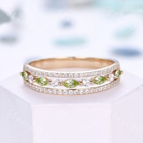 Peridot Wedding Band, Wedding Band Gold, Engagement Ring Marquise, Peridot Engagement Rings, August Birthstone Ring, 14k Gold Wedding Band, Ring Marquise, Promise Ring Gift, Engagement Rings Marquise