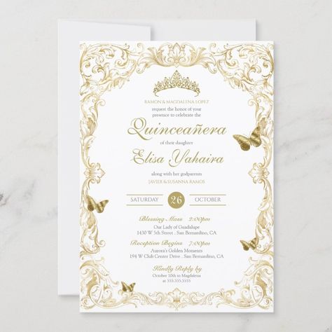 White Gold Elegant Baroque Regal Quinceanera Invitation  Zazzle Quinceñera Invitations, Rose Gold Invitation, Champagne Quinceanera Dresses, Invitation Quinceanera, Debut Invitation, Beauty And The Beast Theme, Quince Invitations, Quinceanera Planning, Invitation Examples