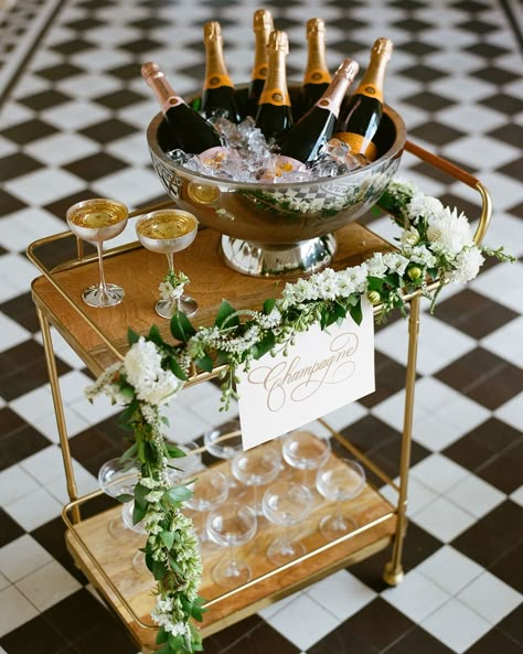 20 Bar Carts That'll Transform Your Wedding's Cocktail Hour and Reception #WeddingBars #WeddingBarCarts #BarCarts #WeddingDrinks | Martha Stewart Weddings Wedding Bar Cart, Wedding Brunch Reception, Winter Bridal Showers, Cocktail Hour Wedding, Red Bouquet Wedding, Wedding Drinks, Bar Cart Styling, Champagne Bar, Asheville Wedding