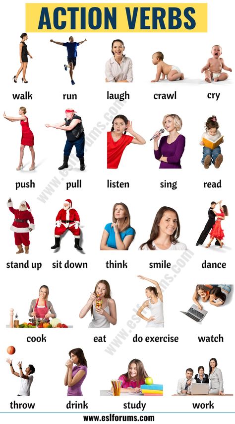 Action Verbs: List of 50+ Useful Action Words with the Pictures! - ESL Forums English Words With Pictures, Learn English Vocabulary Words Pictures, Action Words With Pictures, Action Vocabulary, Action Verbs For Kids, Action Words For Kids, Action Verbs Flashcards, Action Verbs Activities, Vocabulary Words With Pictures