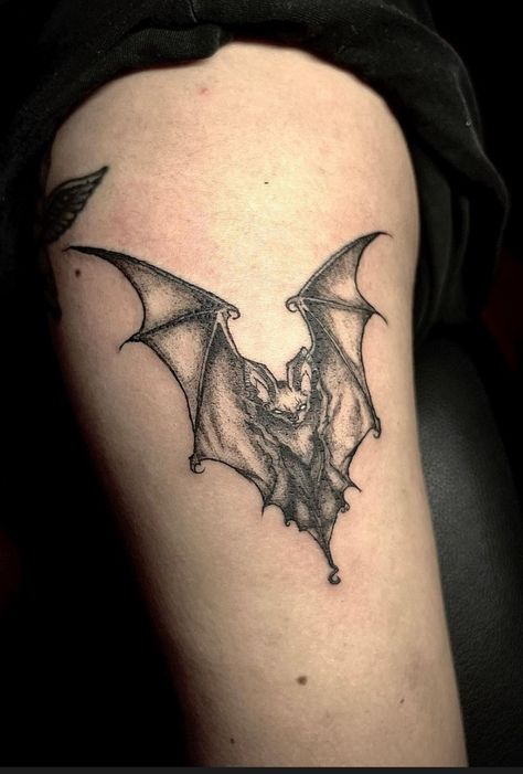 Bat Tattoo For Women, Thigh Bat Tattoo, Cool Bat Tattoos, Bat Tattoo Thigh, Bat Spine Tattoo, Thigh Tattoos Women Alternative, Bat Tattoo On Knee, Bat Under Knee Tattoo, Bat Thigh Tattoo