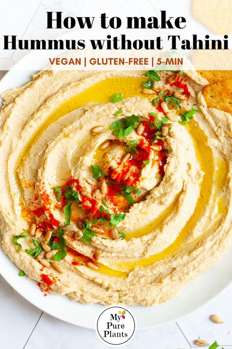 Hummus Without Tahini Healthy, Sesame Free Hummus, Tahini Free Hummus, Tahini Substitute Hummus, Chickpea Hummus Recipe Without Tahini, Tahini Free Hummus Recipe, Hummus Recipe Without Tahini, Chickpea Puree, Chickpea Hummus Recipe