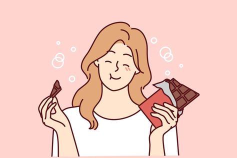 Happy young woman eating chocolate. Smiling girl feel joyful enjoy sweet bar or sugar dessert. Vector illustration. Girl Eating Drawing, Eating Drawing Easy, Happy Woman Drawing, Woman Eating Chocolate, Desserts Illustration, Eating Illustration, Calender Ideas, Chocolate Drawing, Woman Eating