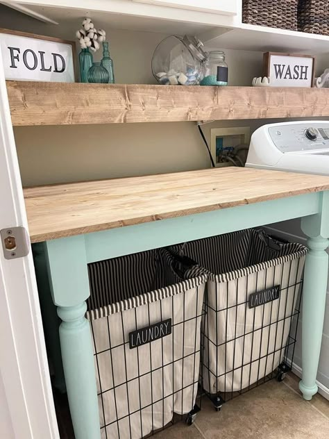 Laundry Room Folding Table Ideas Farmhouse, Table For Laundry Room Small Spaces, Diy Laundry Station, Diy Laundry Room Folding Table, Laundry Room Sorting Station, Laundry Station Ideas, Laundry Room With Table, Laundry Table Ideas, Laundry Room Table Ideas