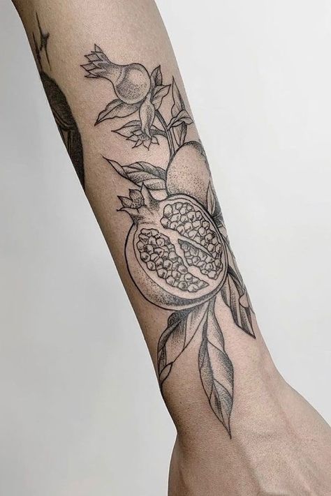 Traditional Tattoo Arm, Jewish Tattoo, Pomegranate Tattoo, Fruit Tattoo, Upper Arm Tattoos, Sketch Tattoo Design, Botanical Tattoo, Tattoo Font, Tattoo Project