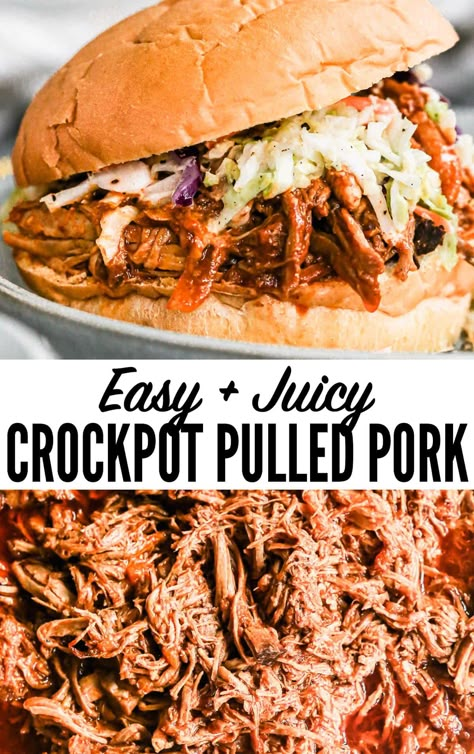 An easy slow cooker pulled pork shoulder recipe with homemade BBQ sauce and slaw. It's the BEST slow cooker pulled pork for a crowd! Easy Pulled Pork Slow Cooker, Pulled Pork Shoulder, Pork Shoulder Recipe, Bbq Pulled Pork Slow Cooker, Pork Crockpot, Crock Pot Pulled Pork Recipe, Pork Crockpot Recipes, Pork Shoulder Recipes, Pork Leg