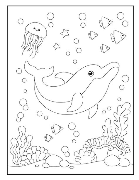 Under The Sea Coloring Pages Free, Under The Sea Coloring Pages, Jellyfish Coloring, Turtle Coloring, Cartoon Dolphin, Ocean Coloring Pages, Dolphin Coloring Pages, Turtle Coloring Pages, Dolphin Fish