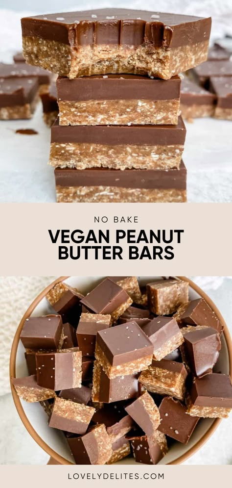 Vegan Peanut Butter Bars taste just like a peanut butter cup, but better! They only require 4 simple ingredients and are the best vegan no bake dessert! These peanut butter bars have chocolate on top and caramely bottoms. As written, this is a vegan and gluten free chocolate dessert. Peanut Butter Cups Vegan, Raw Vegan Biscuits, Raw Baking Recipes, Vegetarian Desert Ideas, Peanut Butter Vegan Recipes, Vegan Peanut Butter Recipes, No Bake Vegan Brownies, Vegan Chocolate Peanut Butter Bars, Vegan Bake Sale Ideas