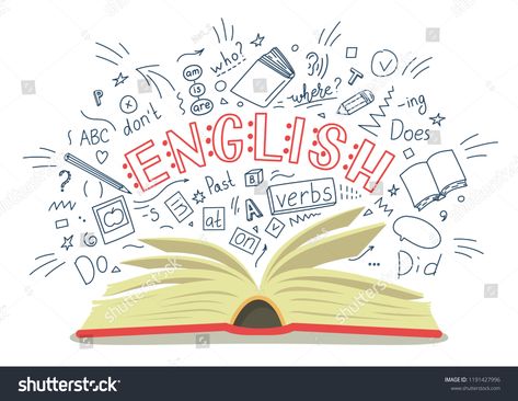 English. Open book with language hand drawn doodles and lettering on white background. Education vector illustration. #Ad , #sponsored, #language#hand#drawn#English English Education Wallpaper Backgrounds, English Wallpaper School, English Class Wallpaper, English Drawing Notebook, English Design Ideas, English Posters Design, English Background Design, English Doodles, English Book Cover