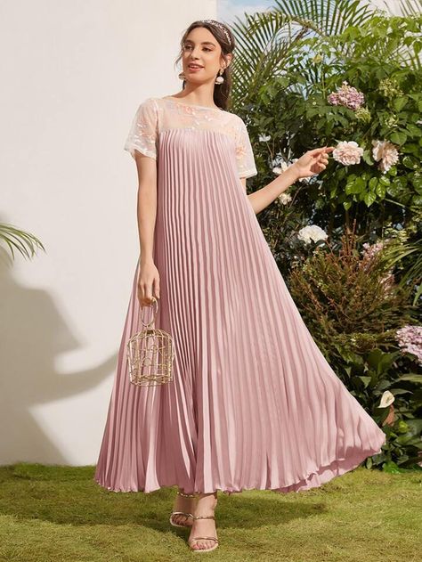 Free Returns ✓ Free Shipping✓. SHEIN Embroidery Mesh Yoke Pleated Dress- Women Dresses at SHEIN. Pleated Satin Dress, Jean Outfit, Frock Fashion, Frock For Women, Snake Leather, Designer Dresses Casual, Indian Designer Outfits, Frock Design, Fashion Attire